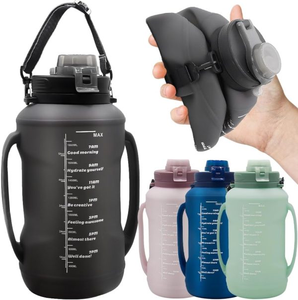 64oz Foldable Silicone Water Cups with Straw, BPA Free, for Outdoor Sports Water Bottle (Black)