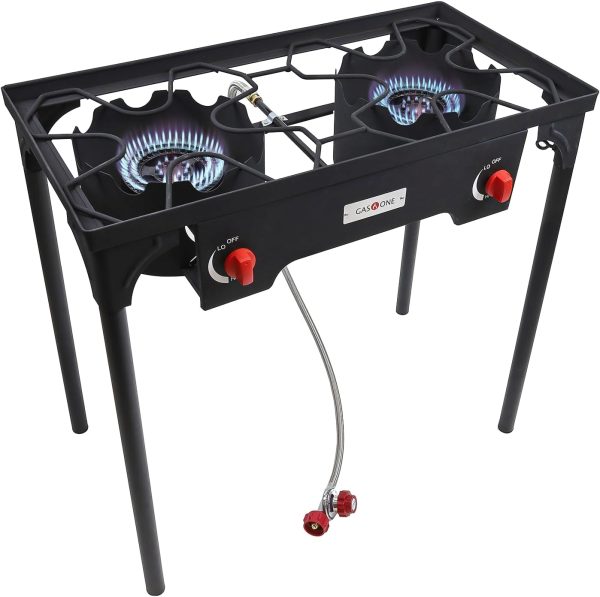 Gas One Propane Double Burner Two Burner Camp Stove Outdoor High Pressure Propane 2 Burner Adjustable PSI Regulator and 4ft Steel Braided Hose With Removable Legs