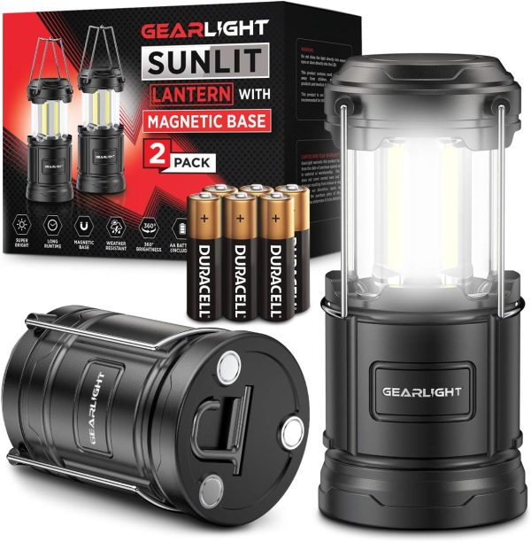 GearLight Camping Lantern - 2 Portable LED Battery Powered Lantern with Magnetic Base and Foldable Hook for Emergency Use or Campsites, Essential Hurricane Survival Kit with Batteries