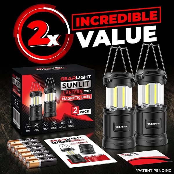 GearLight Camping Lantern - 2 Portable LED Battery Powered Lantern with Magnetic Base and Foldable Hook for Emergency Use or Campsites, Essential Hurricane Survival Kit with Batteries - Image 3