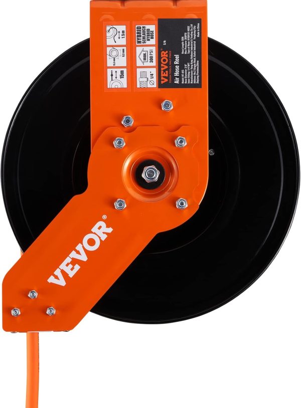 VEVOR Retractable Air Hose Reel, 3/8 IN x 50 FT Hybrid Air Hose Max 300PSI, Air Compressor Hose Reel with 5 ft Lead in, Ceiling/Wall Mount Heavy Duty Single Arm Steel Reel - Image 10